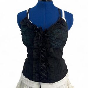 Romantic Black Ruffle Lace Up Front Corset Top